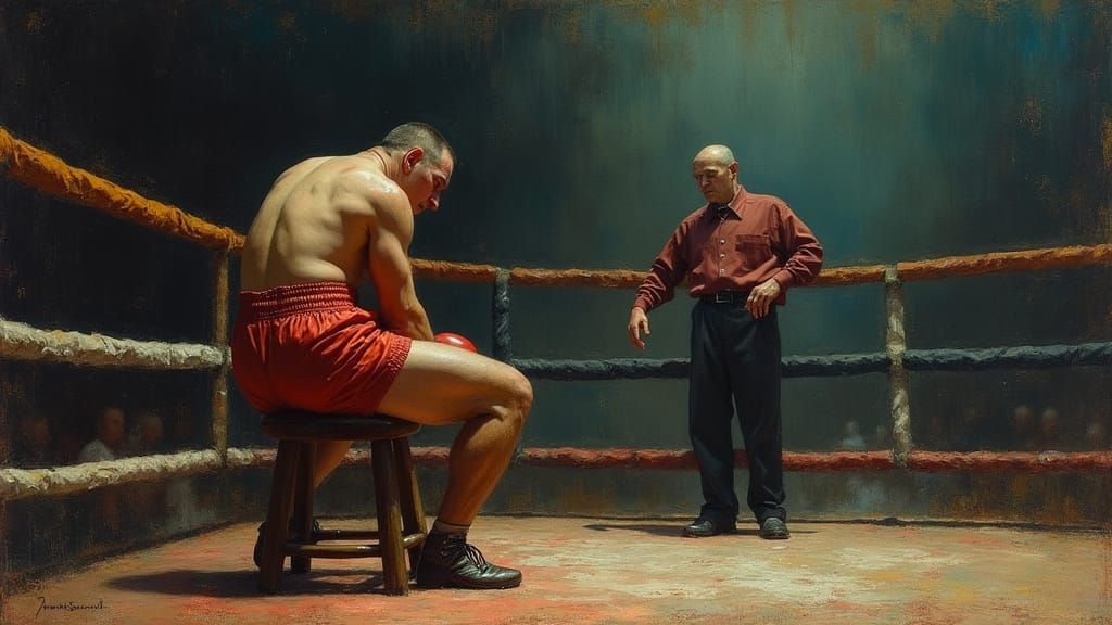 Boxer Rests in Ring Corner with Manager, Vivid Colors