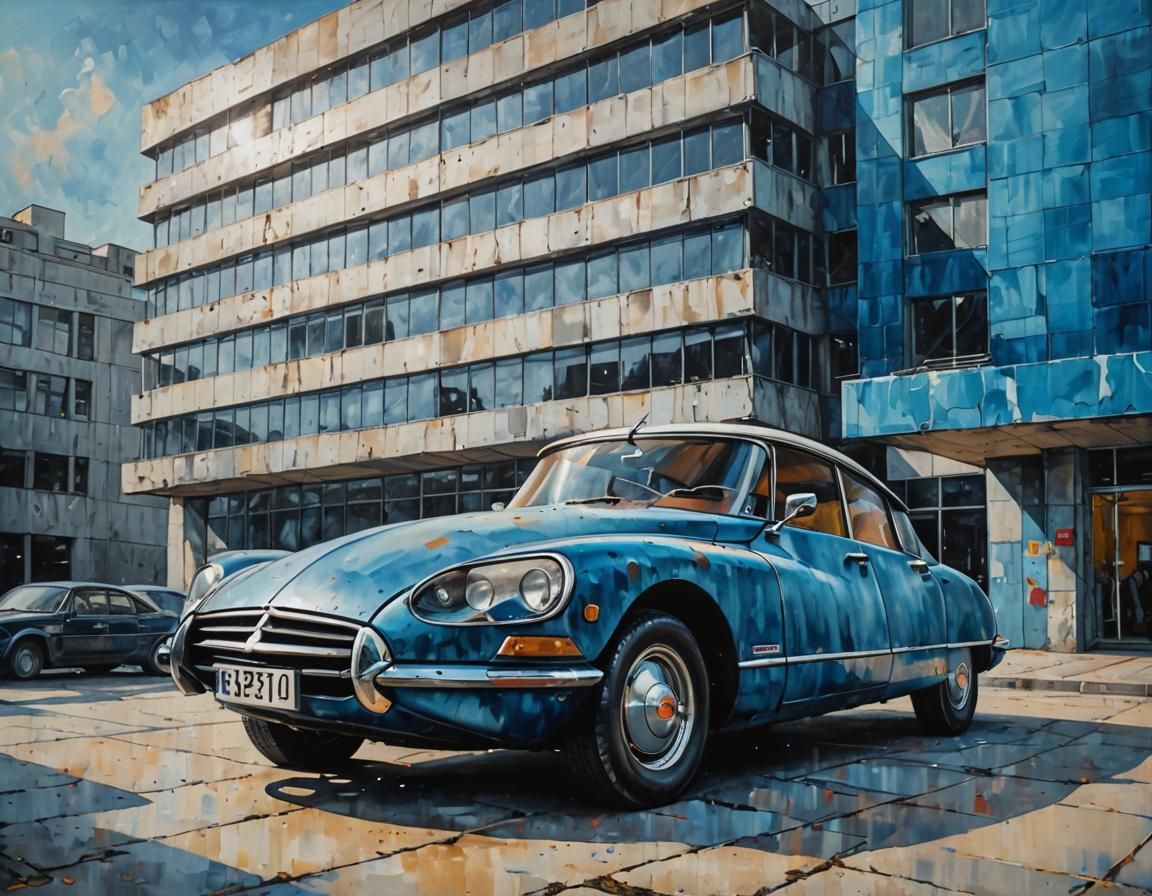 Citroën DS and Bauhaus Building: Acrylic Surrealism