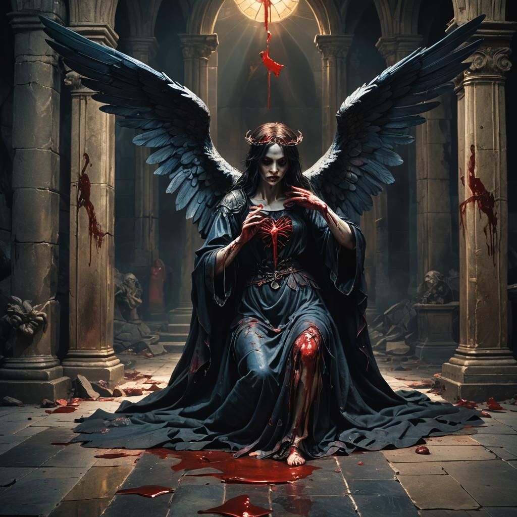 Gothic Angel with Wounded Heart in Dark Fantasy Art