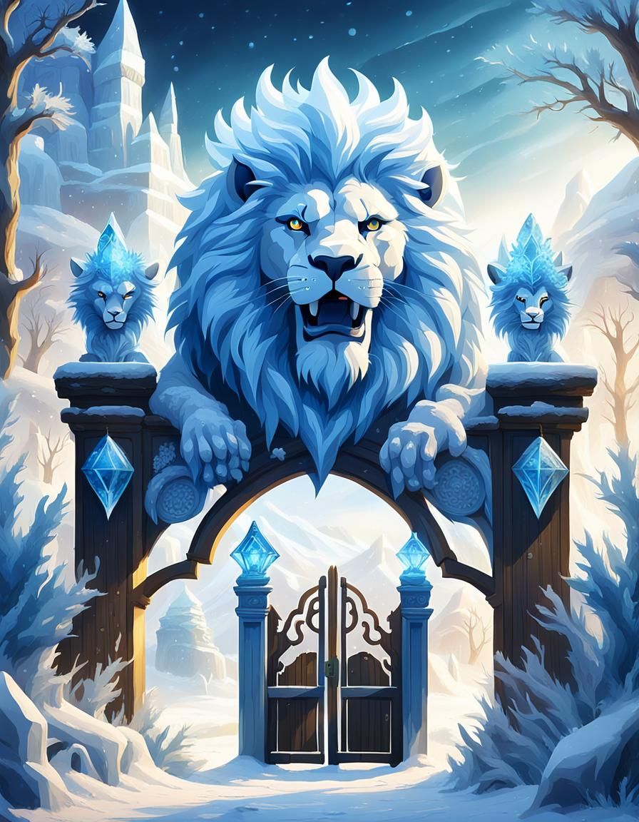 Icy Three-Headed Lion Guardian of Frozen Gate