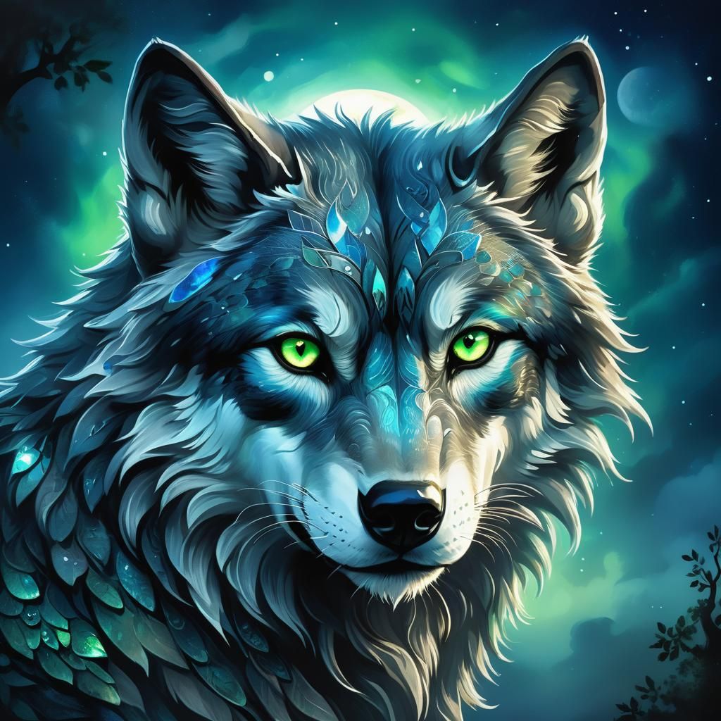 Blue and Silver Wolf in Baroque Dark Fantasy