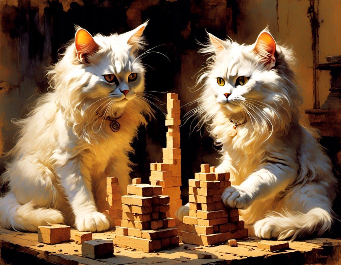 two cats building a Jenga tower