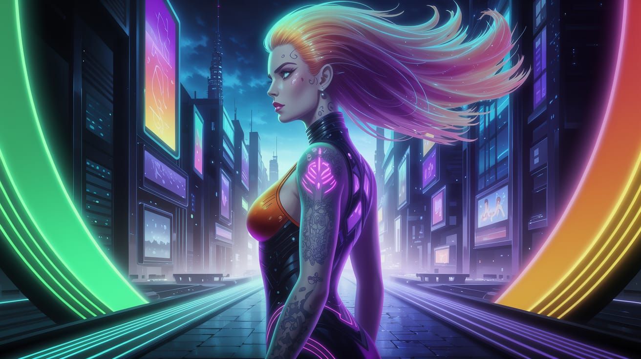 Neon Cyberpunk Goddess in Futuristic Cityscape