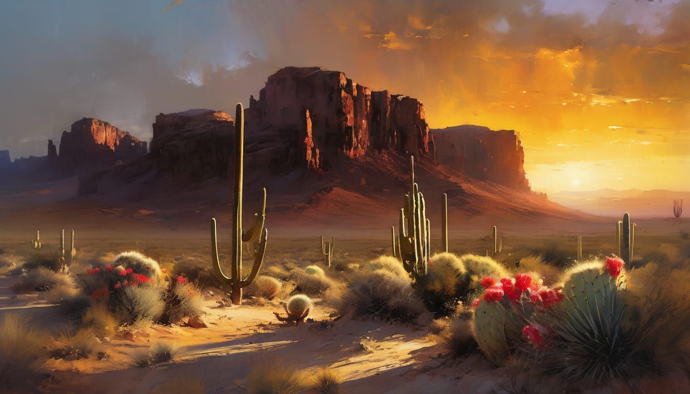 Dramatic Western Desert Sunset with Cacti and Blooming Flowe...