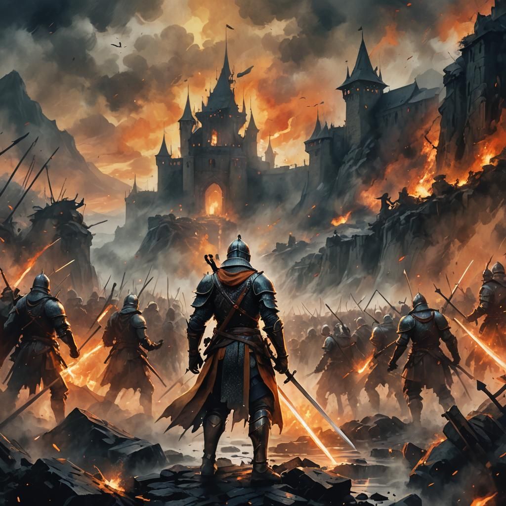 Warrior Facing Army in Misty Landscape, Watercolor Style