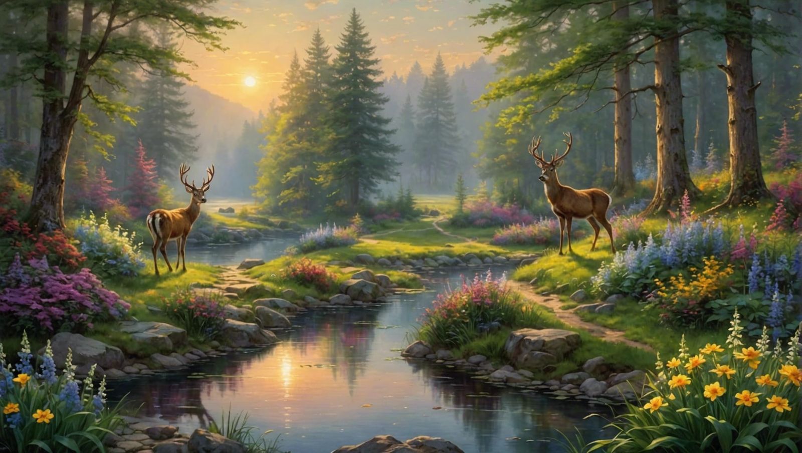 Ethereal Deer in Sun-Dazzled Forest Landscape