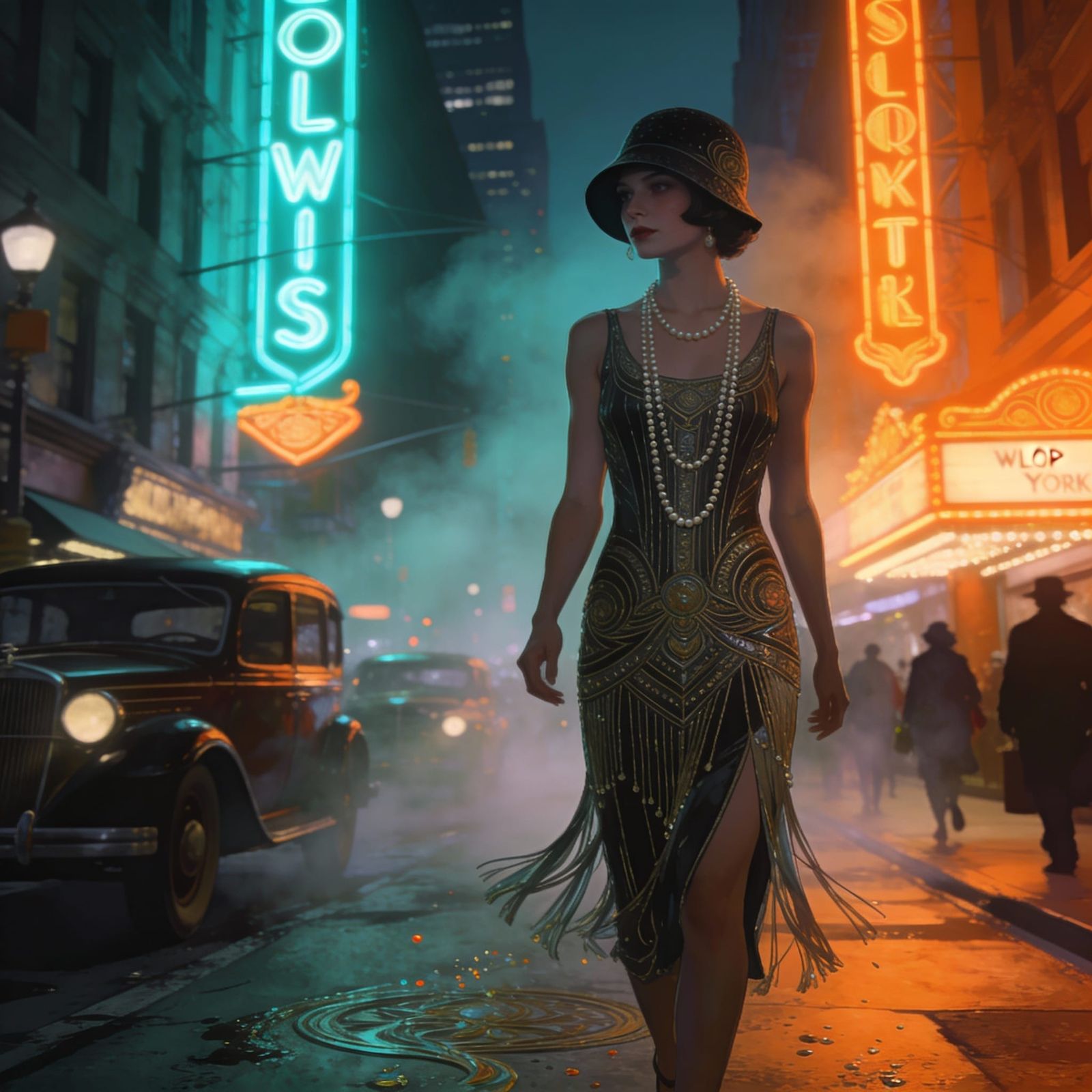 1920s Tradwife Walks New York Street in Concept Art Style