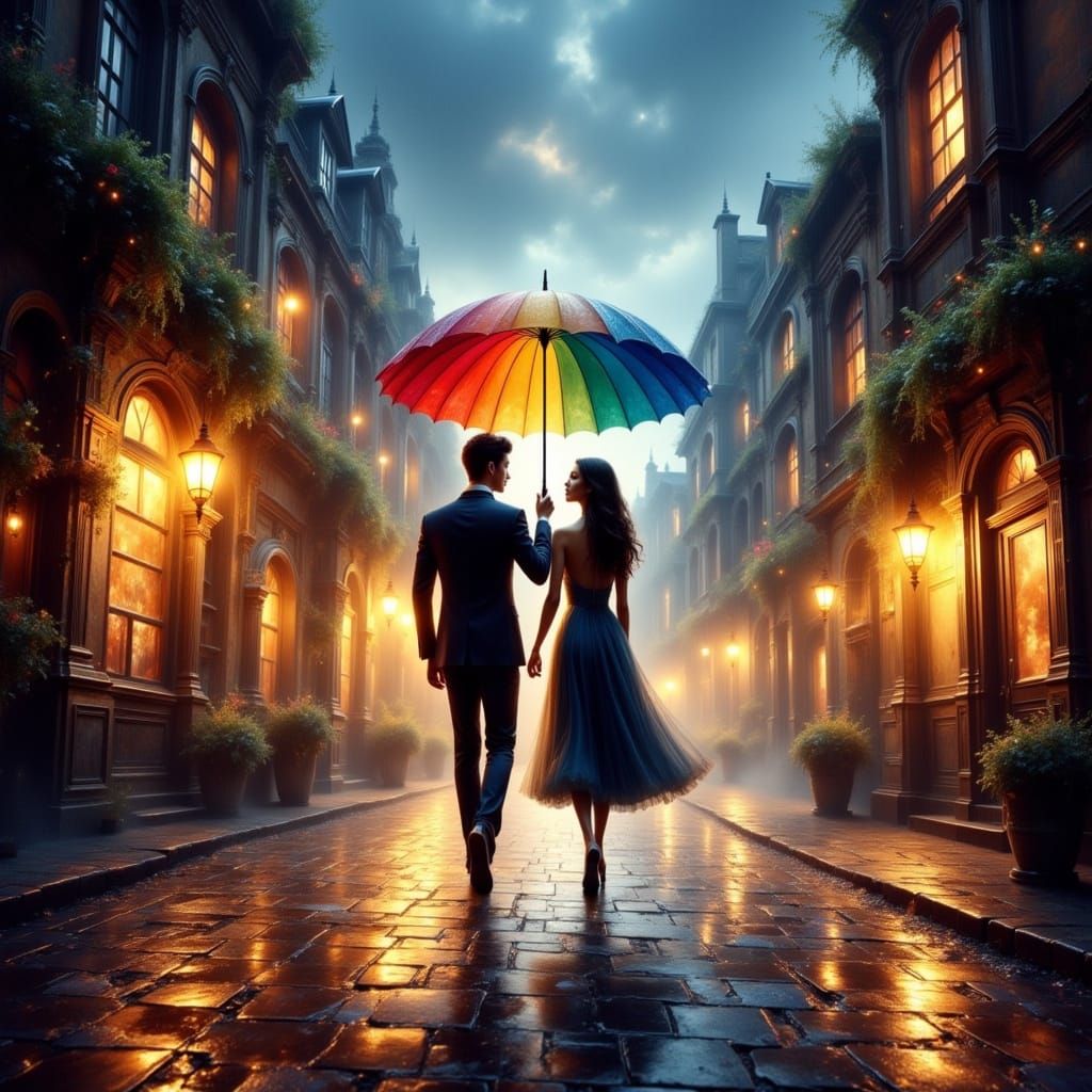 Enchanted City Couple Under Rainbow Umbrella in Batik Style