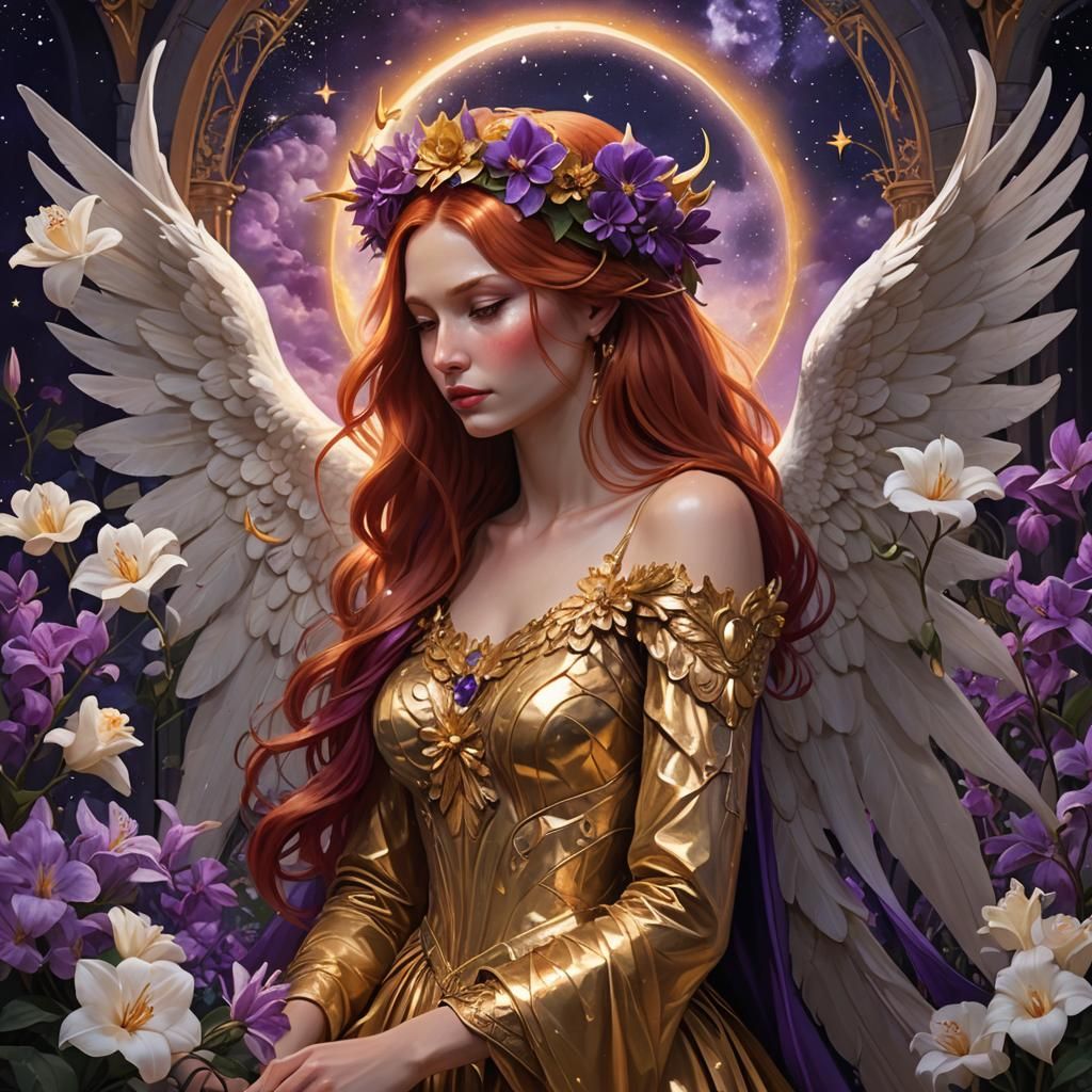 Sorrowful Angel in Night Garden, Hyperdetailed Portrait