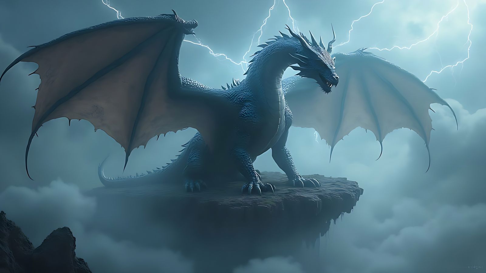 Dragon on Floating Island Amidst Stormy Skies in Ethereal St...