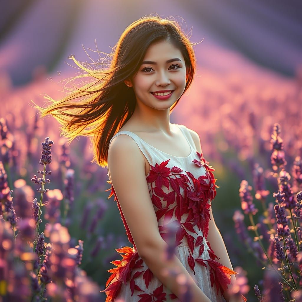 Japanese Woman in Red Leaf Dress Amidst Lavender Field