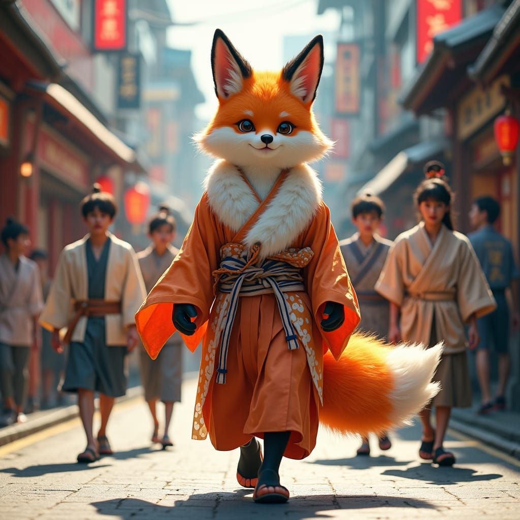 Fox Deity Walks Tokyo Street in Anime Style