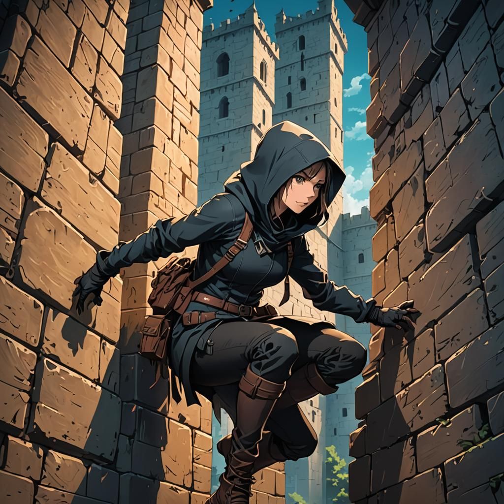 Anime Thief Climbing a Secret Tower in Cel-Shaded Style