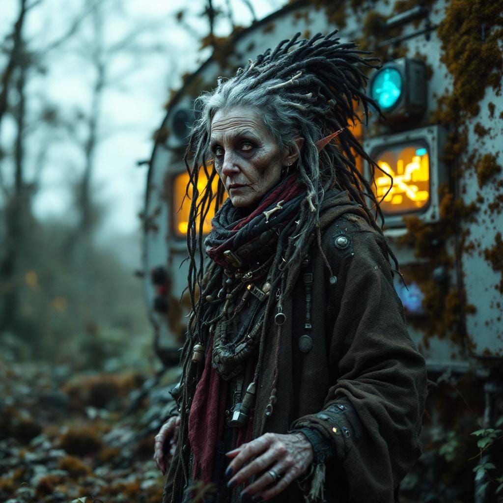 Baba Yaga Reimagined: Cyberpunk Witch in Abandoned Village