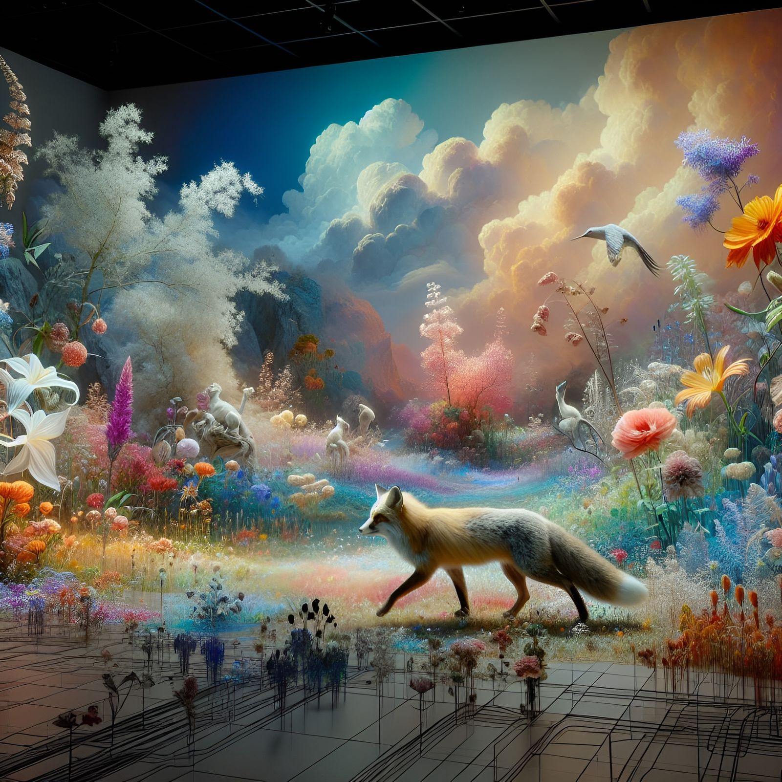 Fox in Wildflower Meadow: Impasto 3D Landscape