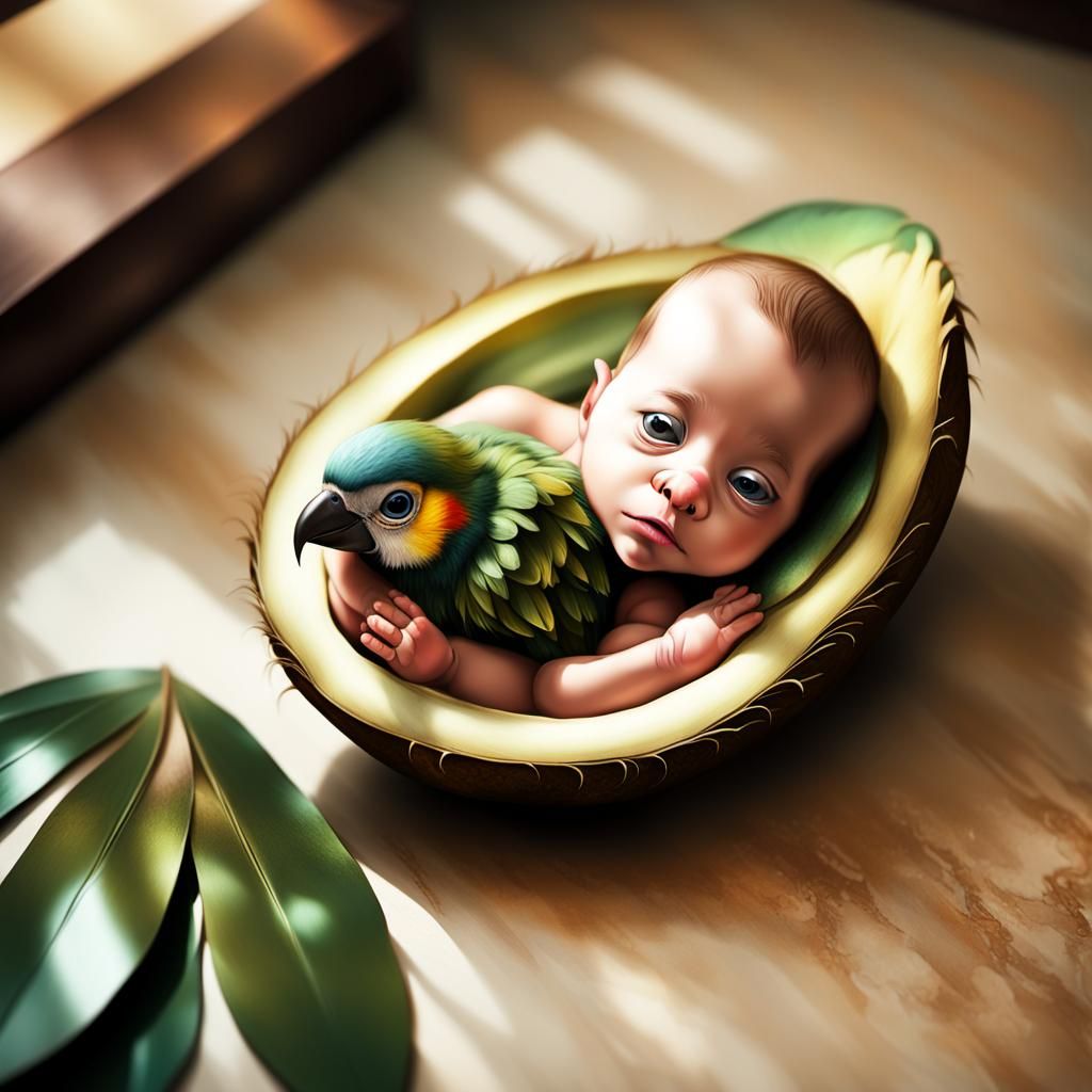 Baby Parrot's Tumble: A Hyperrealistic Digital Painting
