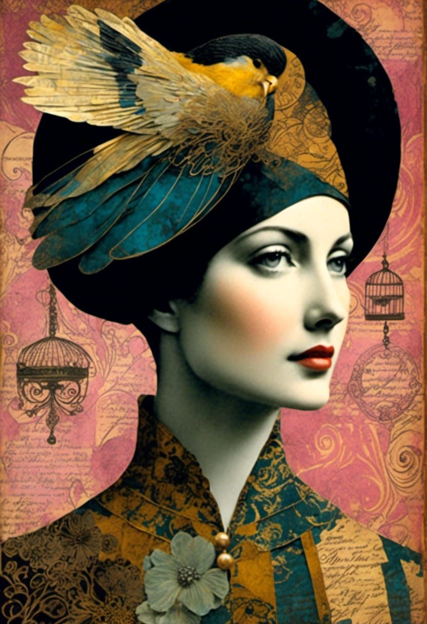Woman in Birdcage Hat: Mixed Media Collage