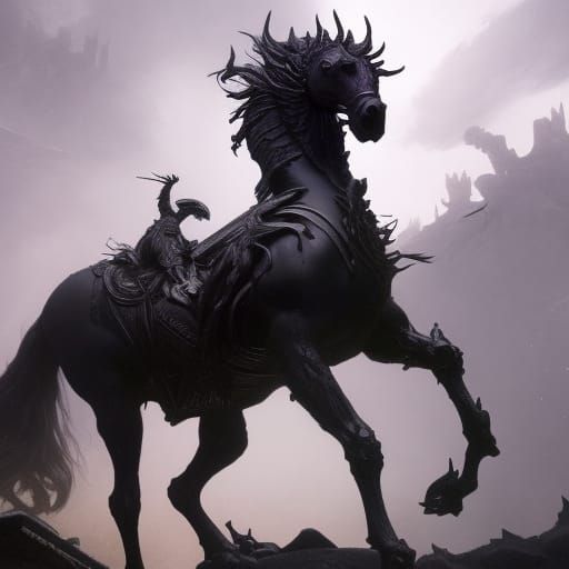 Five-Headed Horse and Dark Rider, Dark Fantasy Art