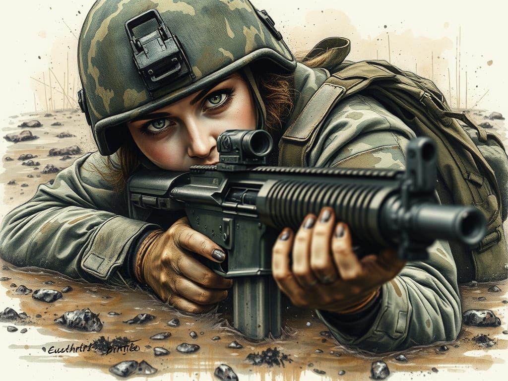 British Soldier in Camouflage Gear, Surreal Landscape