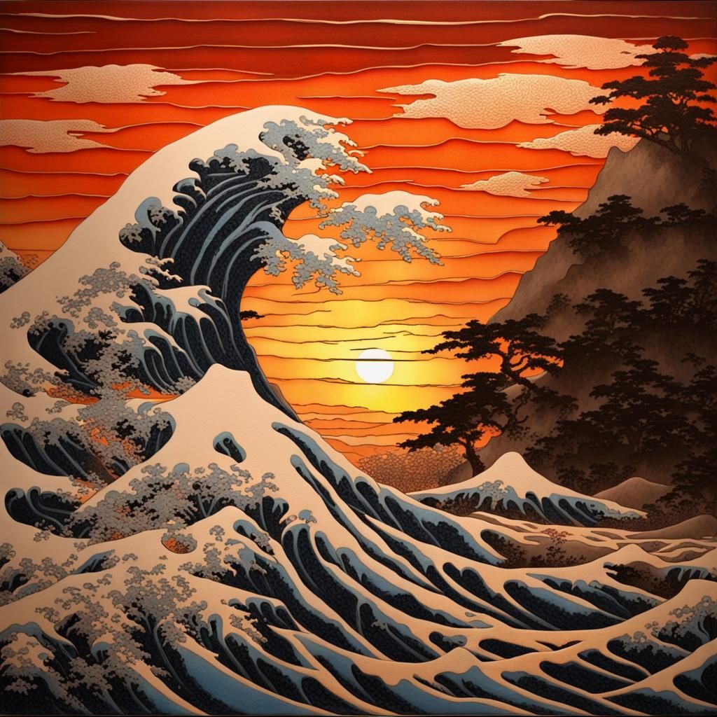 Sundown Hokusai Crackle Glass Painting