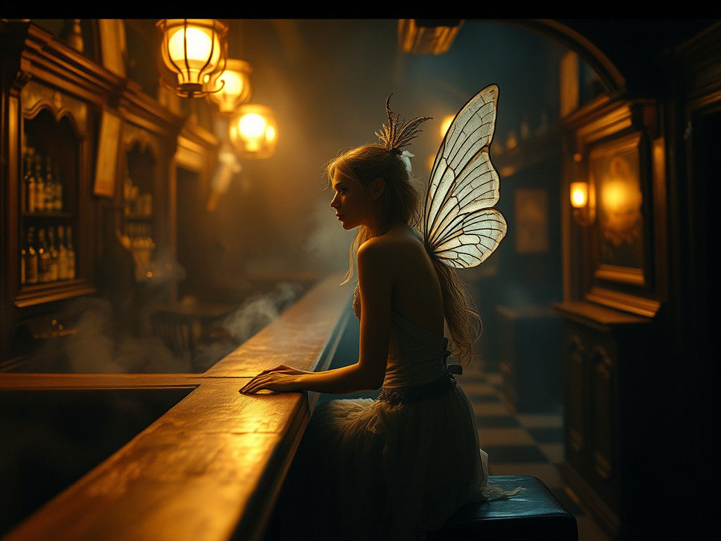 Surreal Fairy Sits Alone in a Smoky Pub, Captured in a Film ...