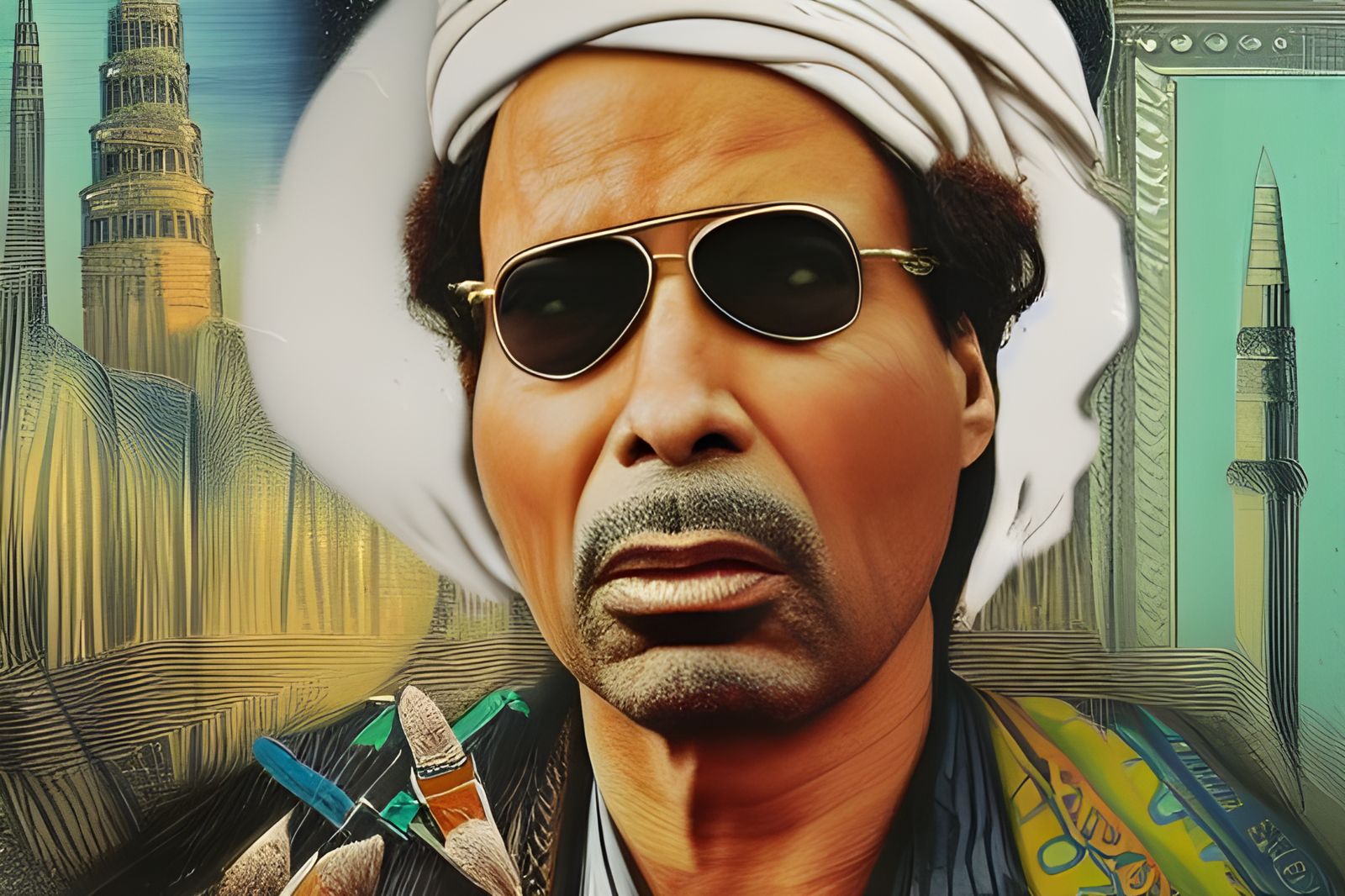 Muamar Qaddafi Political Collage in Expressionist Pencil Ske...