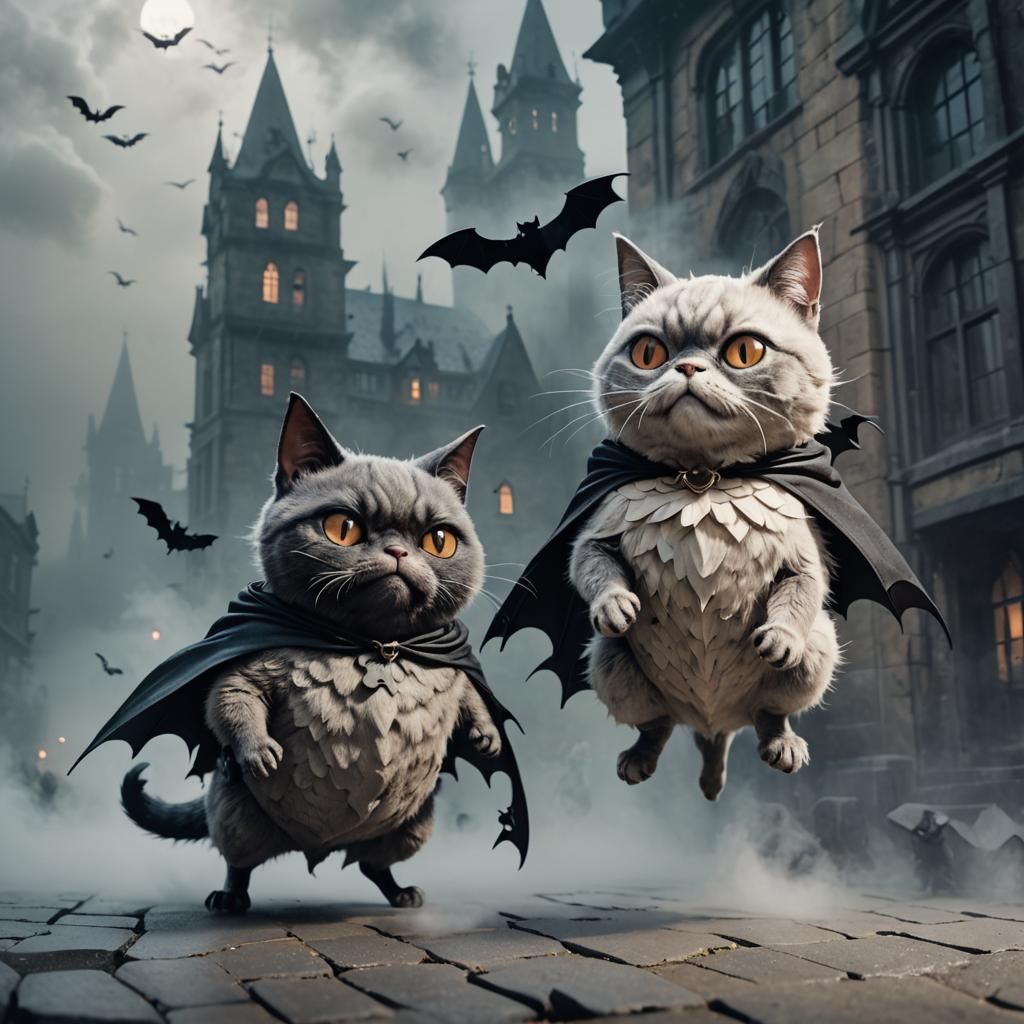 Dramatic Bat and Cat Characters in Gothic Art Style