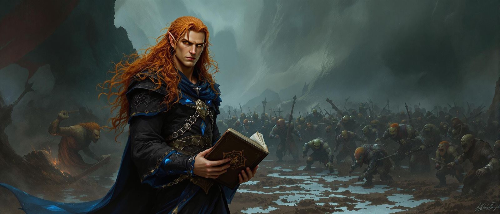 Elven Wizard Confronts Orc Horde on Battlefield