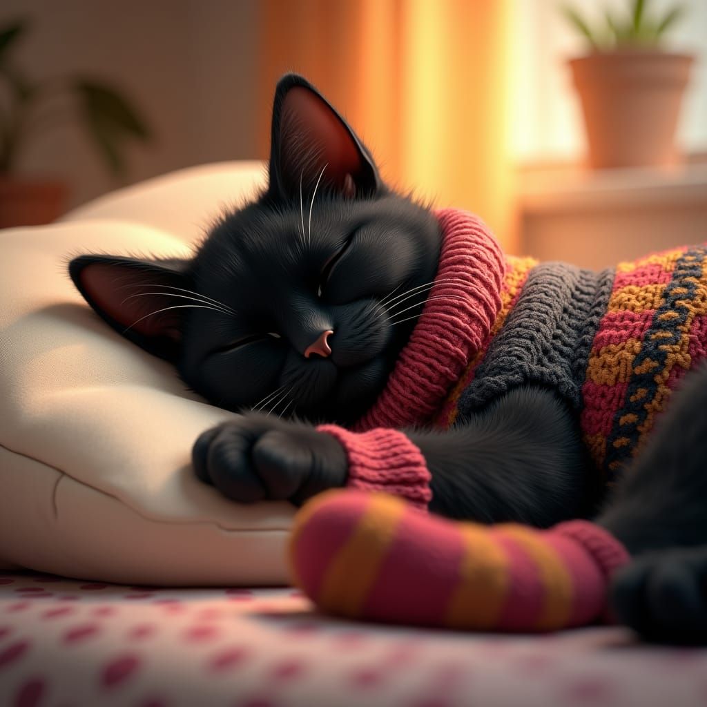 Black Cat Dreams in Knitted Socks: 3D Anime Art