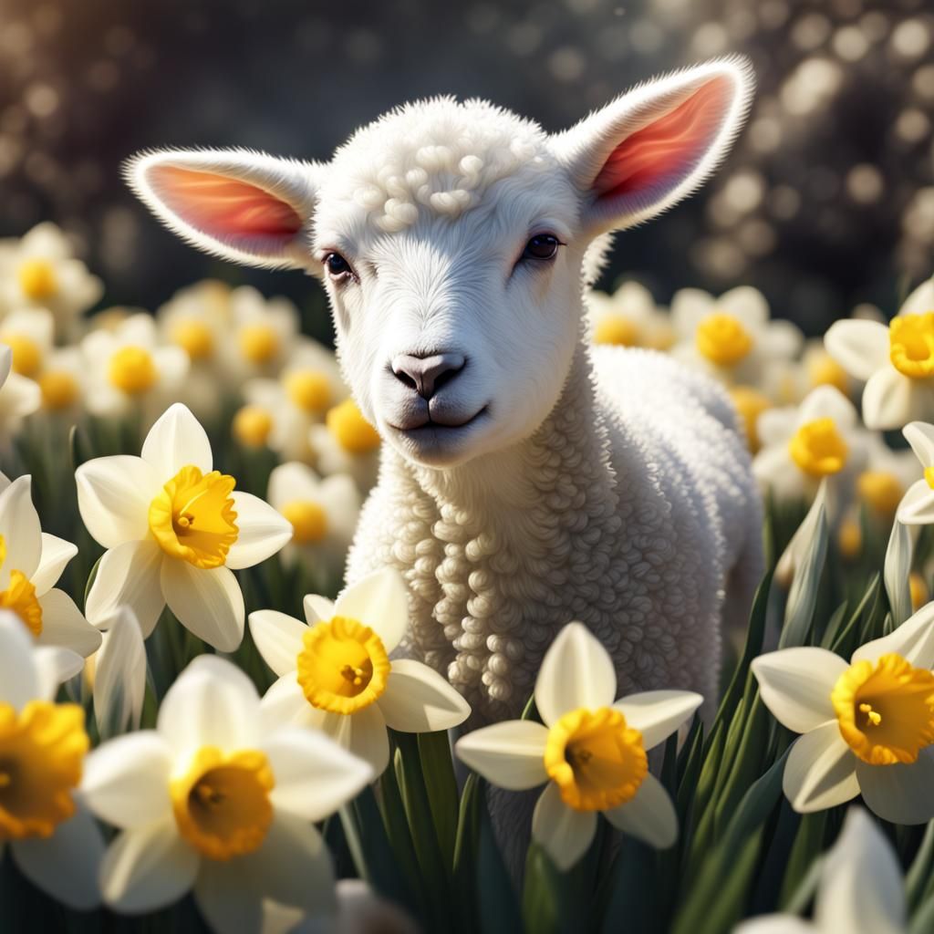 White Lamb and Daffodils in Hyperrealistic Artwork