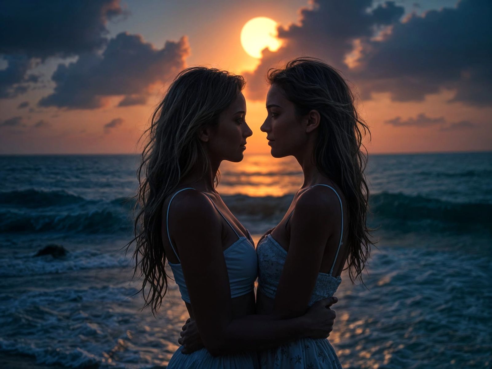 Passionate Embrace on Moonlit Beach in Hyperrealism