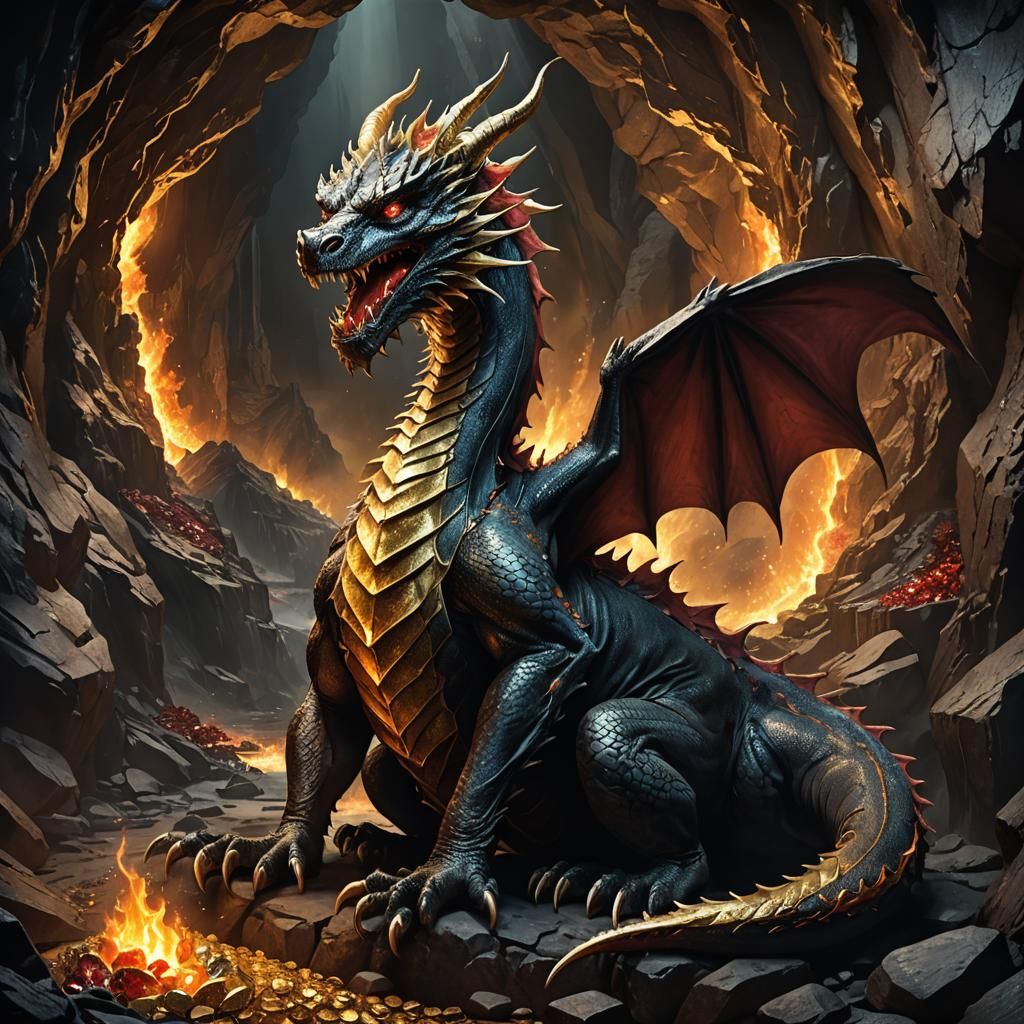 Dragon Breathing Fire on Gold in Cave