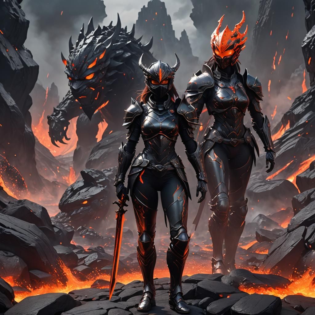 Beautiful lava queen and princess in full black armor