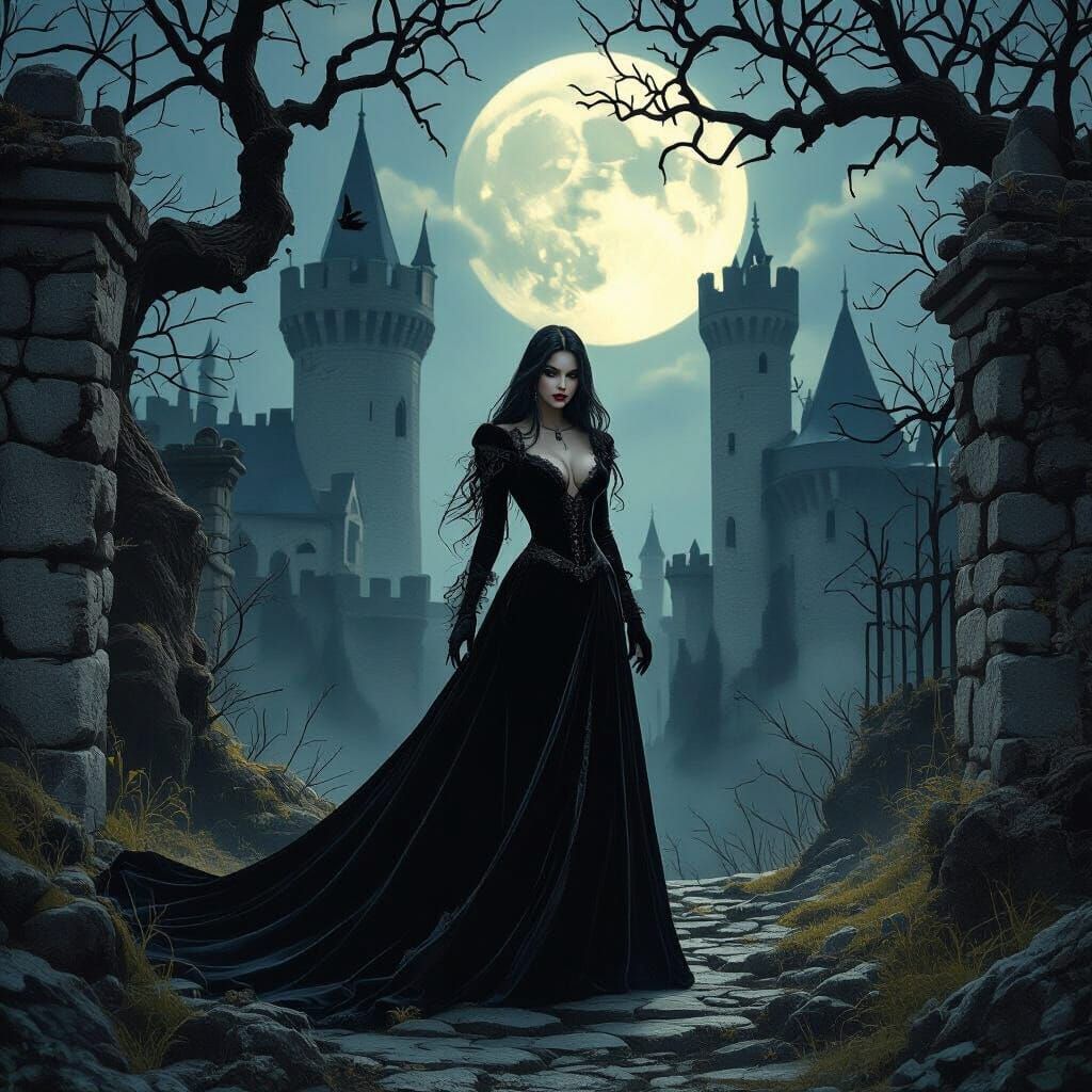 Gothic Vampire in Moonlit Castle Grounds