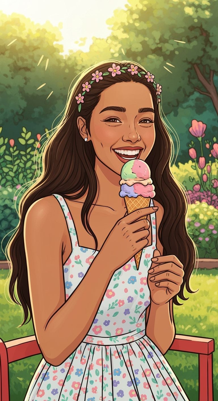 Zahia Enjoys Ice Cream in Folk Art Style