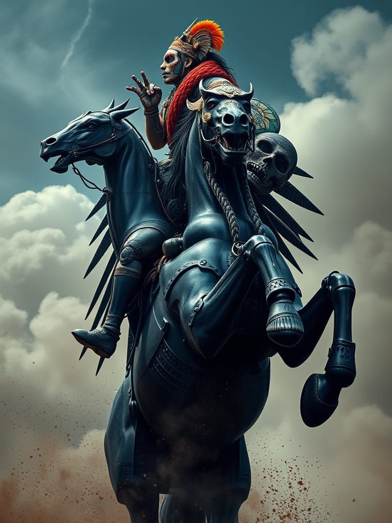 Aztec Warrior on a Mechanical Stallion in a Dystopian Apocal...