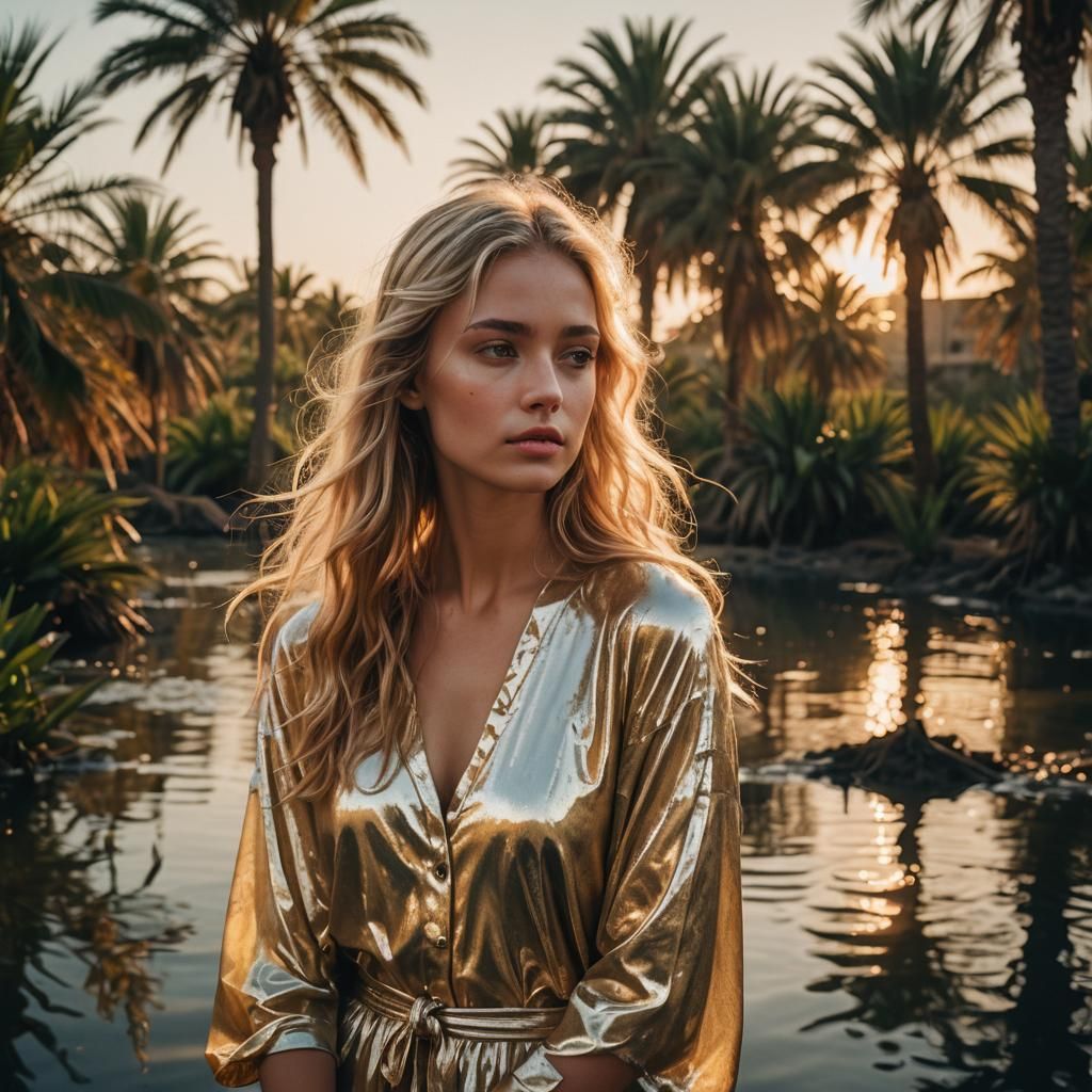 Blonde Woman in Oasis at Sunset: Cinematic Film Still