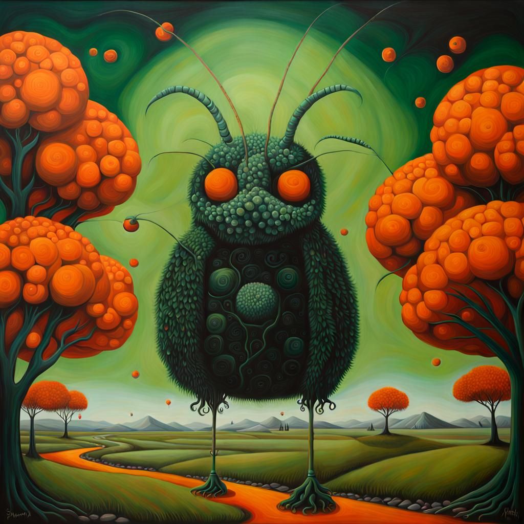 Surreal Oil Painting in Viridian, Black, and Orange