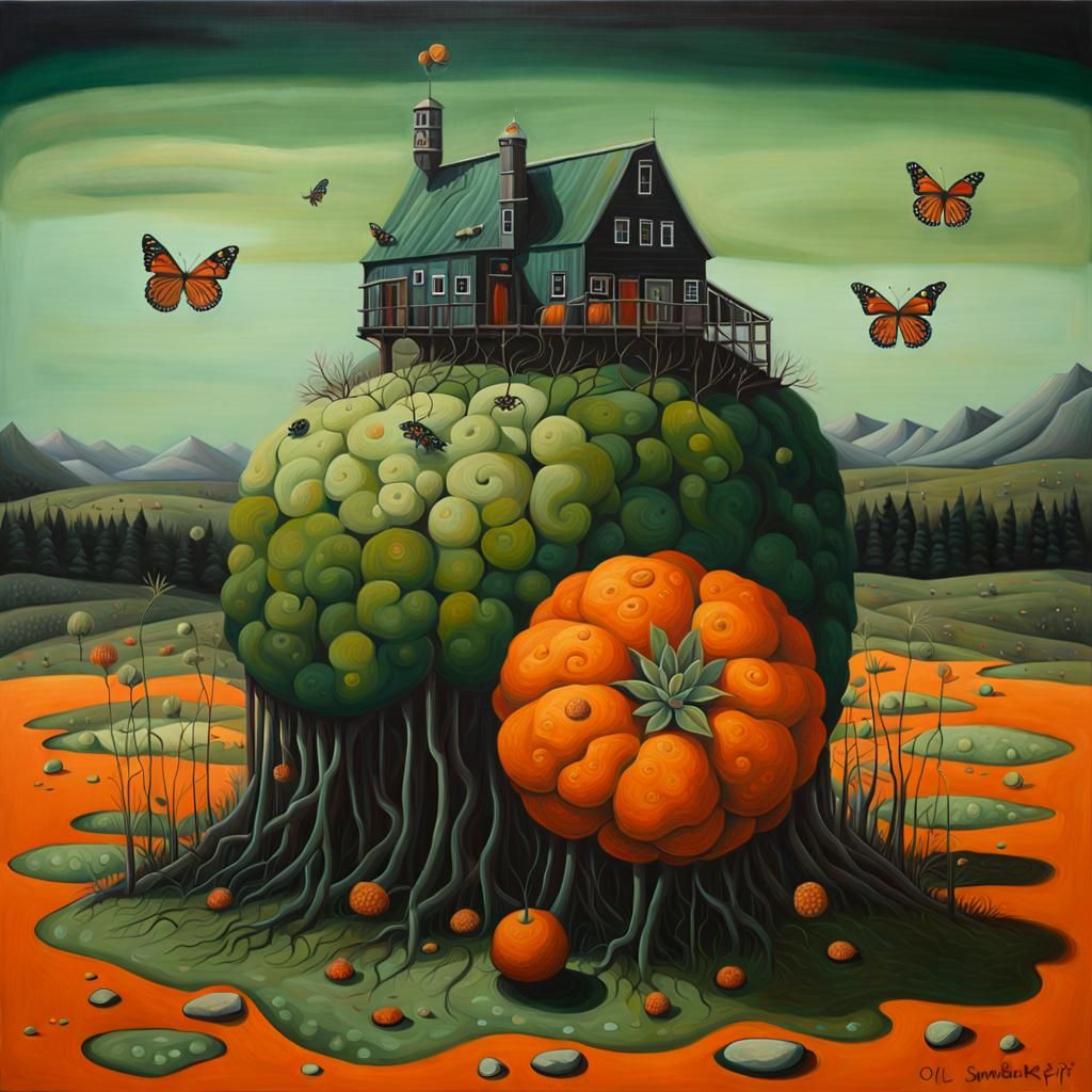 Surreal Oil Painting with Viridian Color Scheme