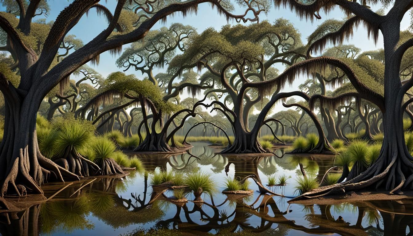Realistic Southern Live Oak Encroaching on Active Swamp