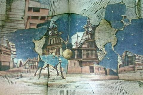 Anime City on the Moon in Woodcut Style