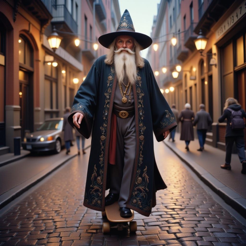 Wizard on Skateboard in Art Nouveau Style