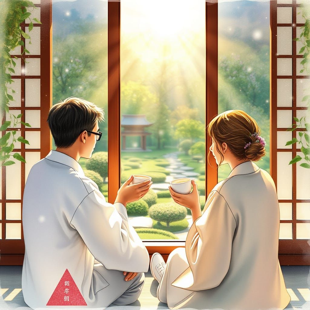 Serene Japanese Tea Garden Scene in Whimsical Digital Painti...