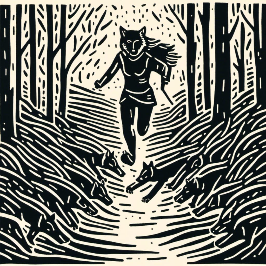 Woman Runs with Wolves in Minimalist Woodcut Style