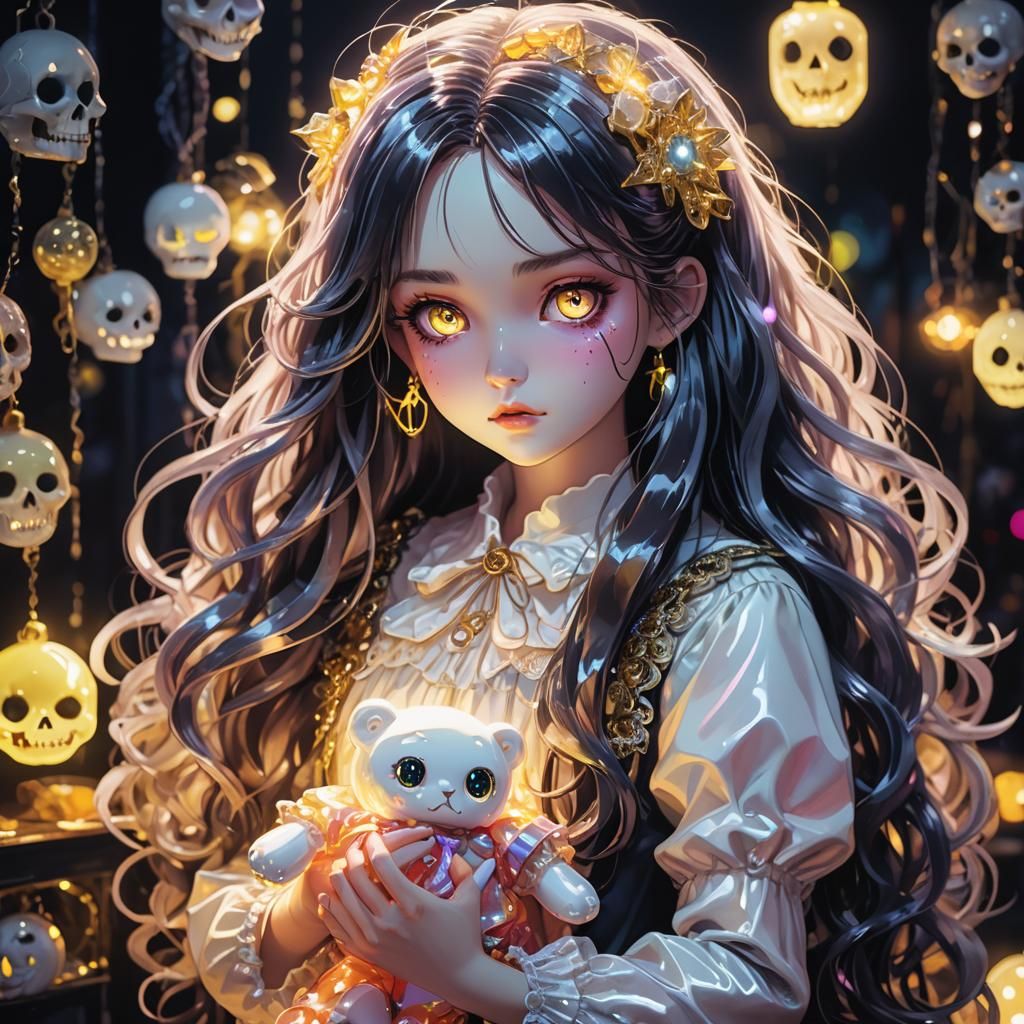 Anime Girl with Horror Doll in Neon Lit Room