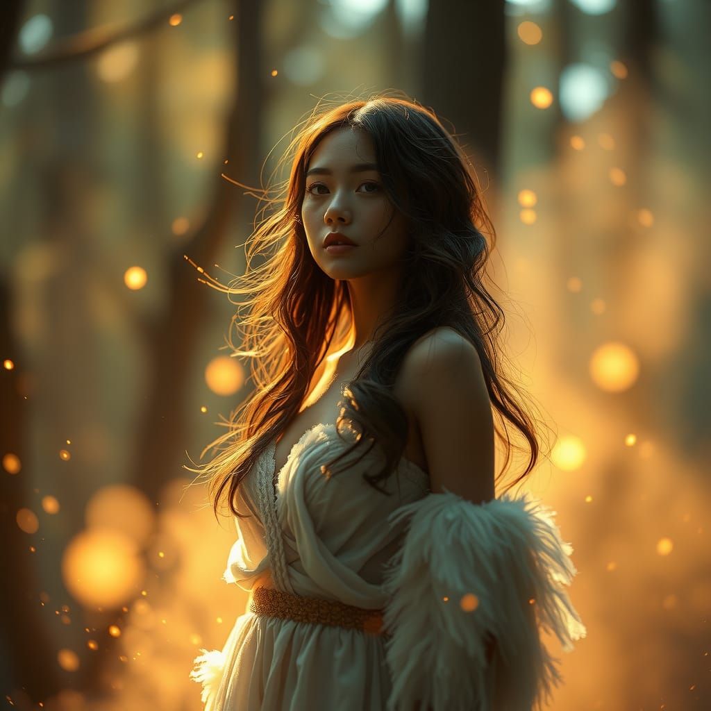 Mystical Forest: Woman with Glowing Orbs, Digital Art