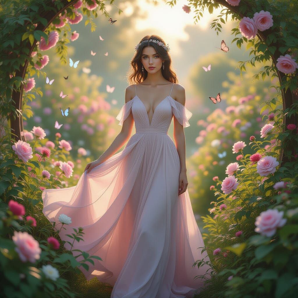 Mystical Garden at Dawn: Ethereal Woman in Digital Art
