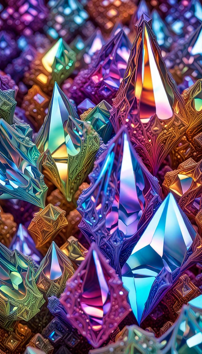 Iridescent Crystals in Prismatic Psychedelic Dreamscape