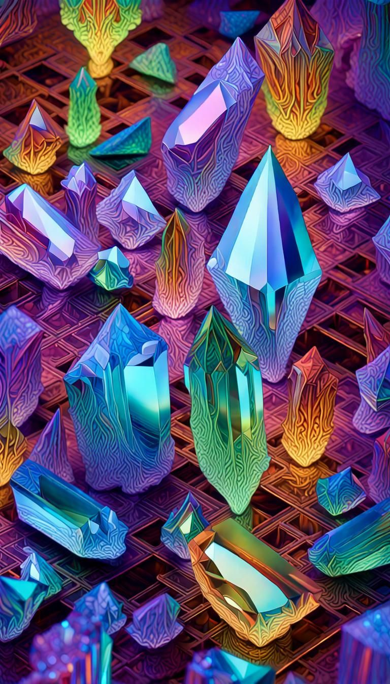 Iridescent Crystals on Prismatic Background in Psychedelic S...