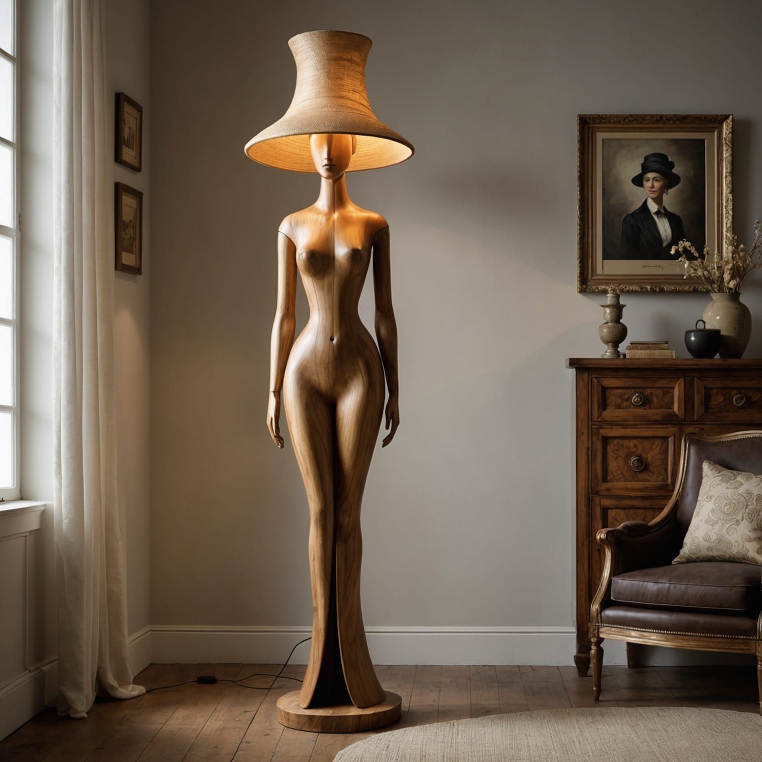 a human scale floor lamp carved in wood in the shape of a wo...